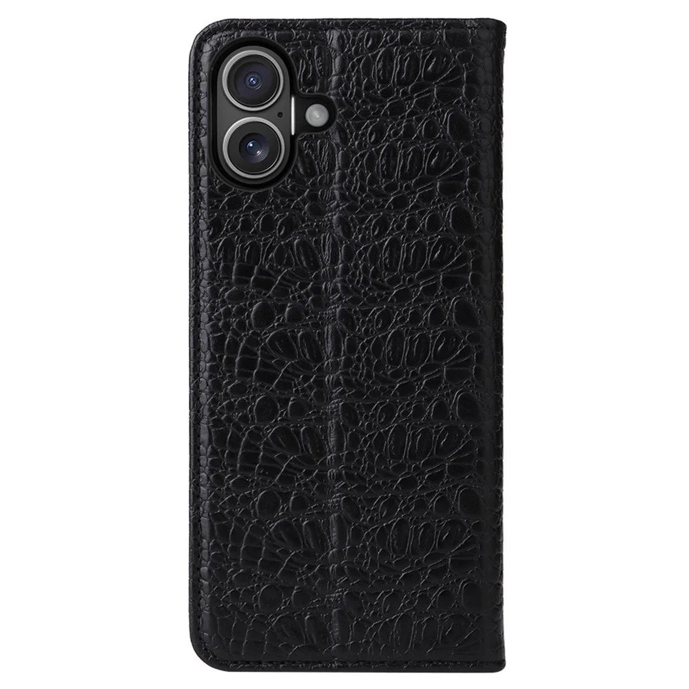 FIERRE SHANN For iPhone 16 Plus Case Genuine Cow Leather Crocodile Texture Wallet Phone Cover - Black - 5