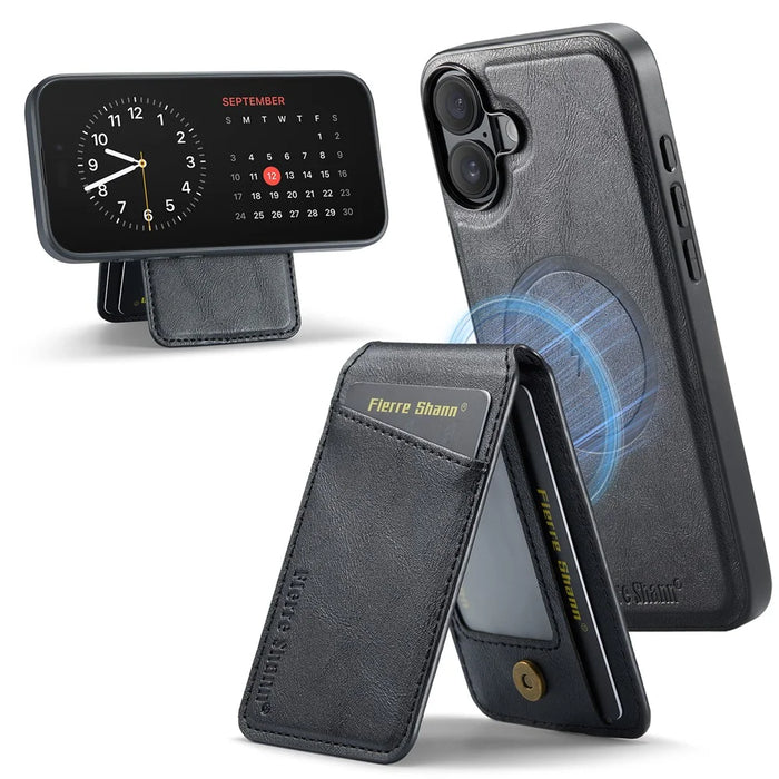FIERRE SHANN 025 Style For iPhone 16 Plus Case Leather+TPU Detachable Card Slots Phone Cover - Black - 1