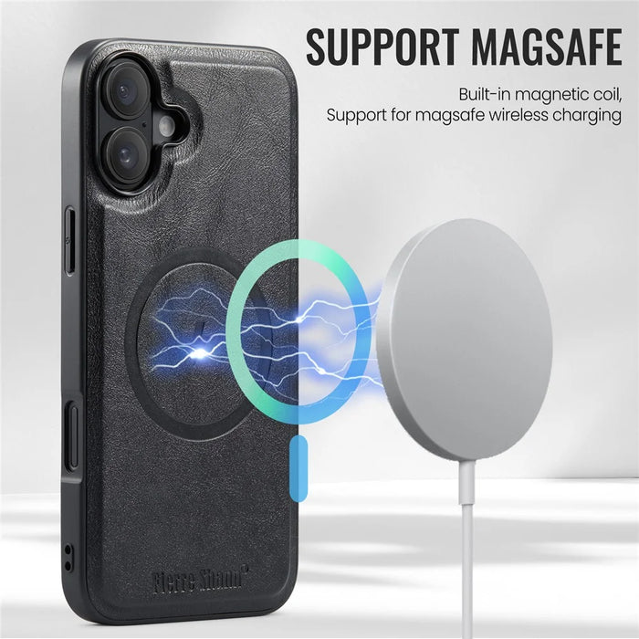 FIERRE SHANN 025 Style For iPhone 16 Plus Case Leather+TPU Detachable Card Slots Phone Cover - Black - 7