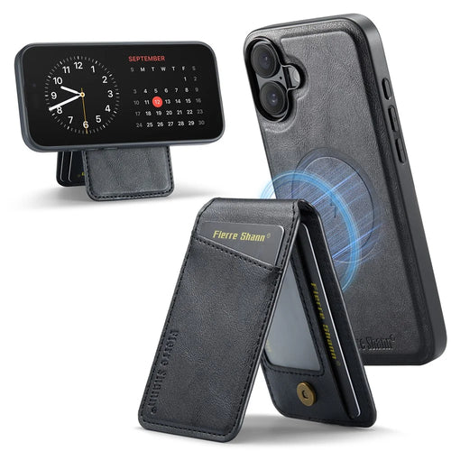 FIERRE SHANN 025 Style For iPhone 16 Case Leather+TPU Detachable Card Slots Phone Cover - Black - 1