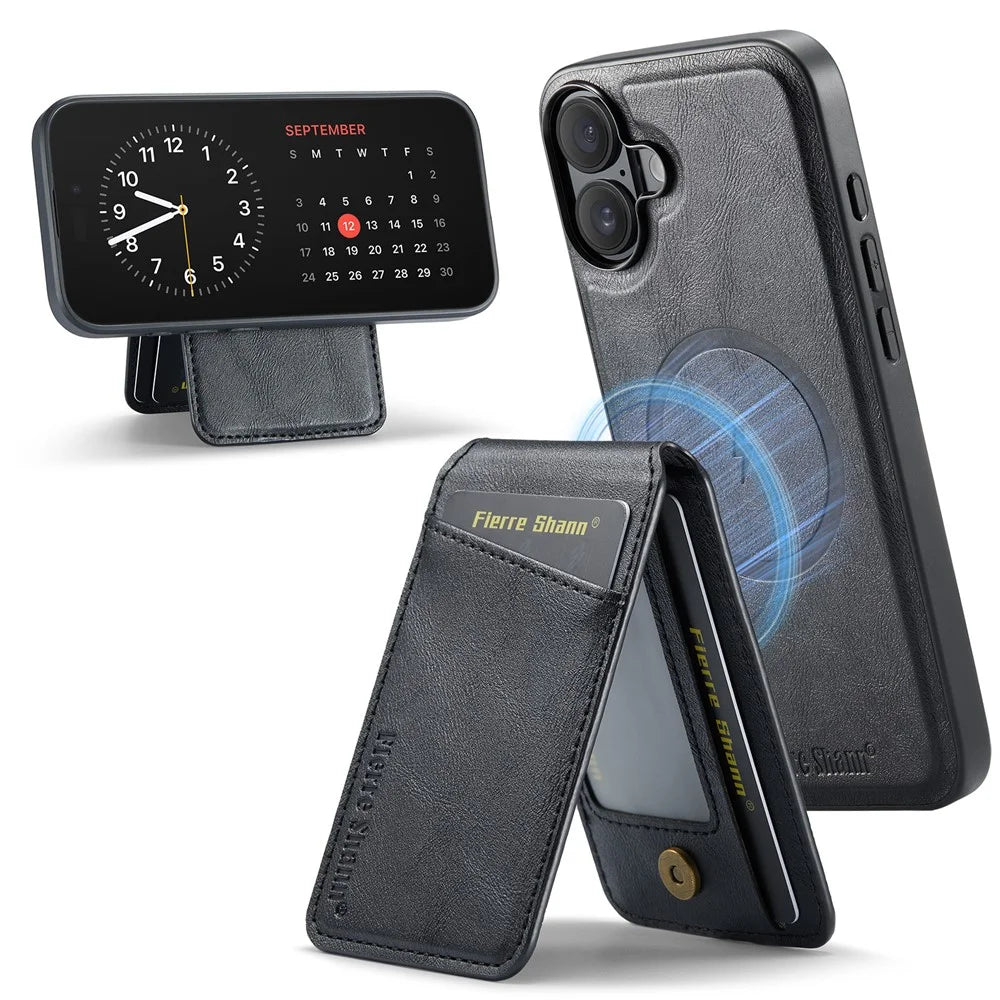FIERRE SHANN 025 Style For iPhone 16 Case Leather+TPU Detachable Card Slots Phone Cover - Black - 1