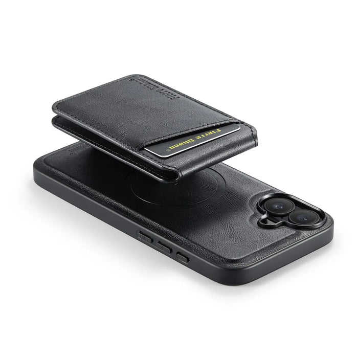 FIERRE SHANN 025 Style For iPhone 16 Case Leather+TPU Detachable Card Slots Phone Cover - Black - 3