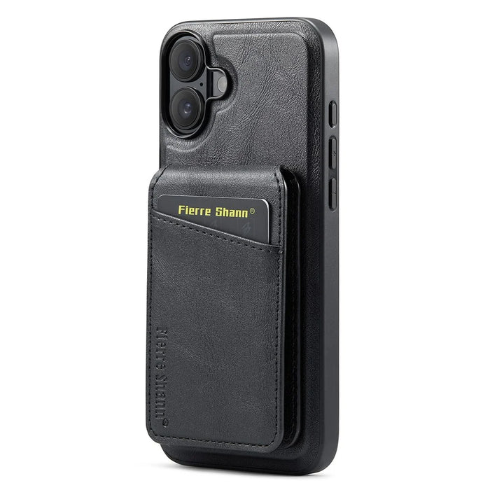 FIERRE SHANN 025 Style For iPhone 16 Case Leather+TPU Detachable Card Slots Phone Cover - Black - 4