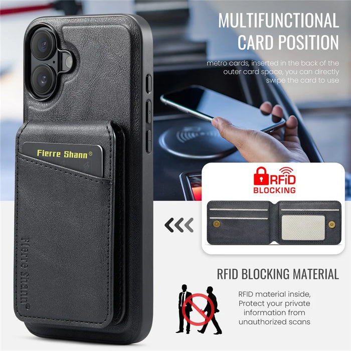 FIERRE SHANN 025 Style For iPhone 16 Case Leather+TPU Detachable Card Slots Phone Cover - Black - 5