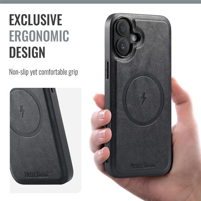 FIERRE SHANN 025 Style For iPhone 16 Case Leather+TPU Detachable Card Slots Phone Cover - Black - 6