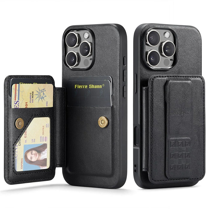FIERRE SHANN 024 For iPhone 16 Pro Max Case Card Holder Kickstand Waxy Texture Leather+TPU Phone Cover - Black - 1