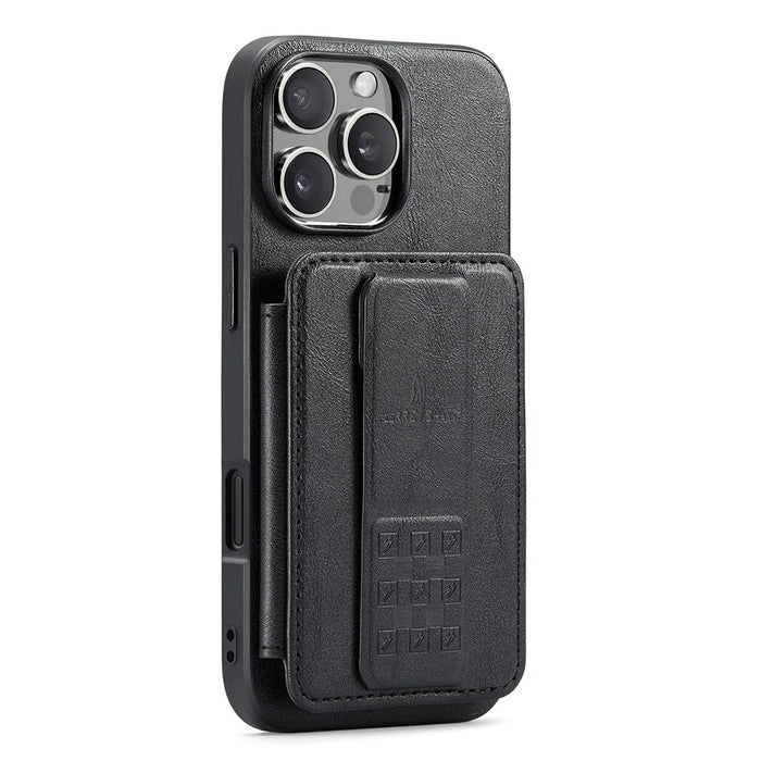 FIERRE SHANN 024 For iPhone 16 Pro Max Case Card Holder Kickstand Waxy Texture Leather+TPU Phone Cover - Black - 2