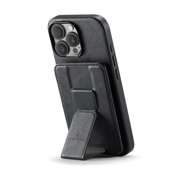 FIERRE SHANN 024 For iPhone 16 Pro Max Case Card Holder Kickstand Waxy Texture Leather+TPU Phone Cover - Black - 3