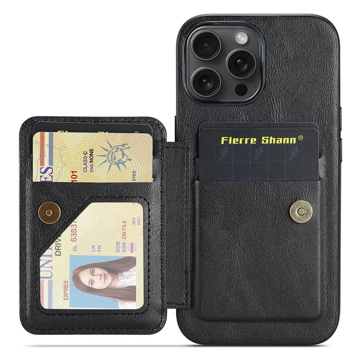 FIERRE SHANN 024 For iPhone 16 Pro Max Case Card Holder Kickstand Waxy Texture Leather+TPU Phone Cover - Black - 6