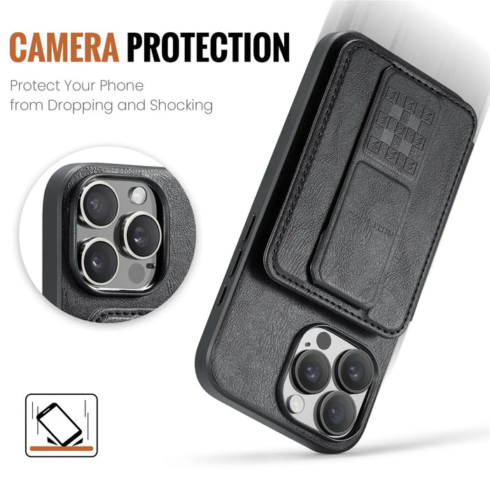 FIERRE SHANN 024 For iPhone 16 Pro Max Case Card Holder Kickstand Waxy Texture Leather+TPU Phone Cover - Black - 7