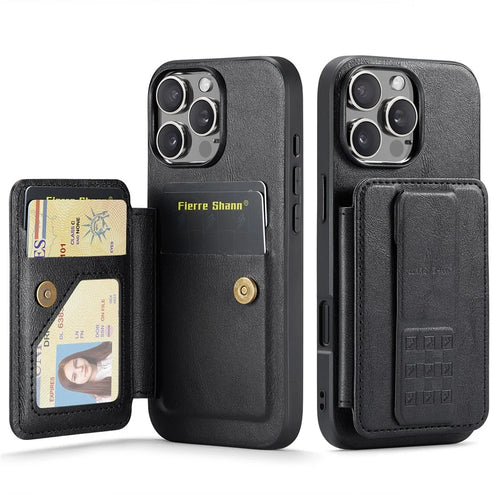 FIERRE SHANN 024 For iPhone 16 Pro Case Card Holder Kickstand Waxy Texture Leather+TPU Phone Cover - Black - 1