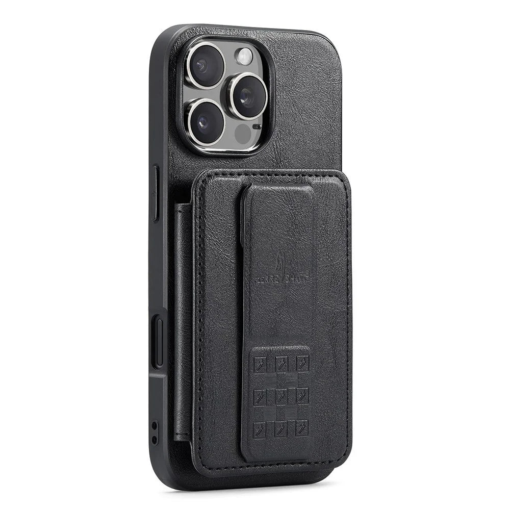 FIERRE SHANN 024 For iPhone 16 Pro Case Card Holder Kickstand Waxy Texture Leather+TPU Phone Cover - Black - 2