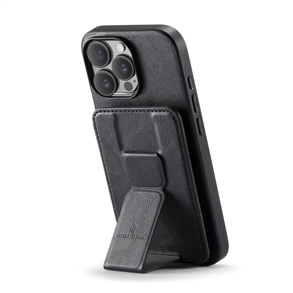 FIERRE SHANN 024 For iPhone 16 Pro Case Card Holder Kickstand Waxy Texture Leather+TPU Phone Cover - Black - 3