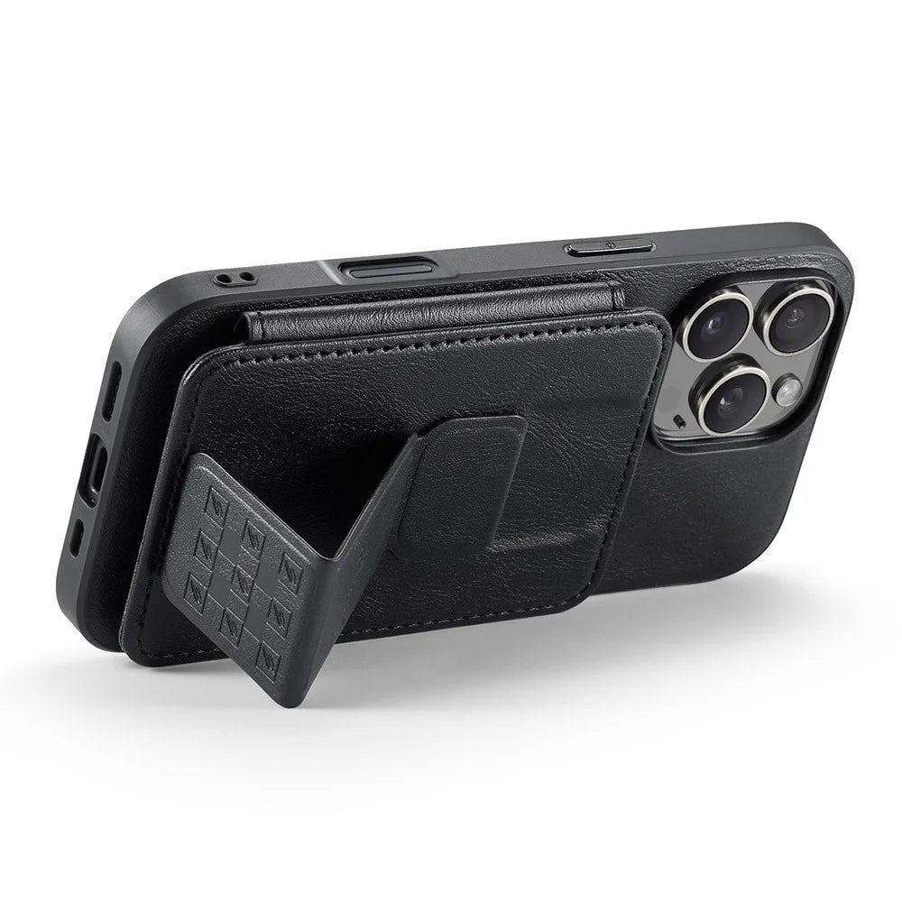 FIERRE SHANN 024 For iPhone 16 Pro Case Card Holder Kickstand Waxy Texture Leather+TPU Phone Cover - Black - 4