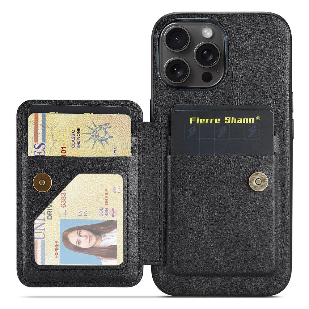 FIERRE SHANN 024 For iPhone 16 Pro Case Card Holder Kickstand Waxy Texture Leather+TPU Phone Cover - Black - 6