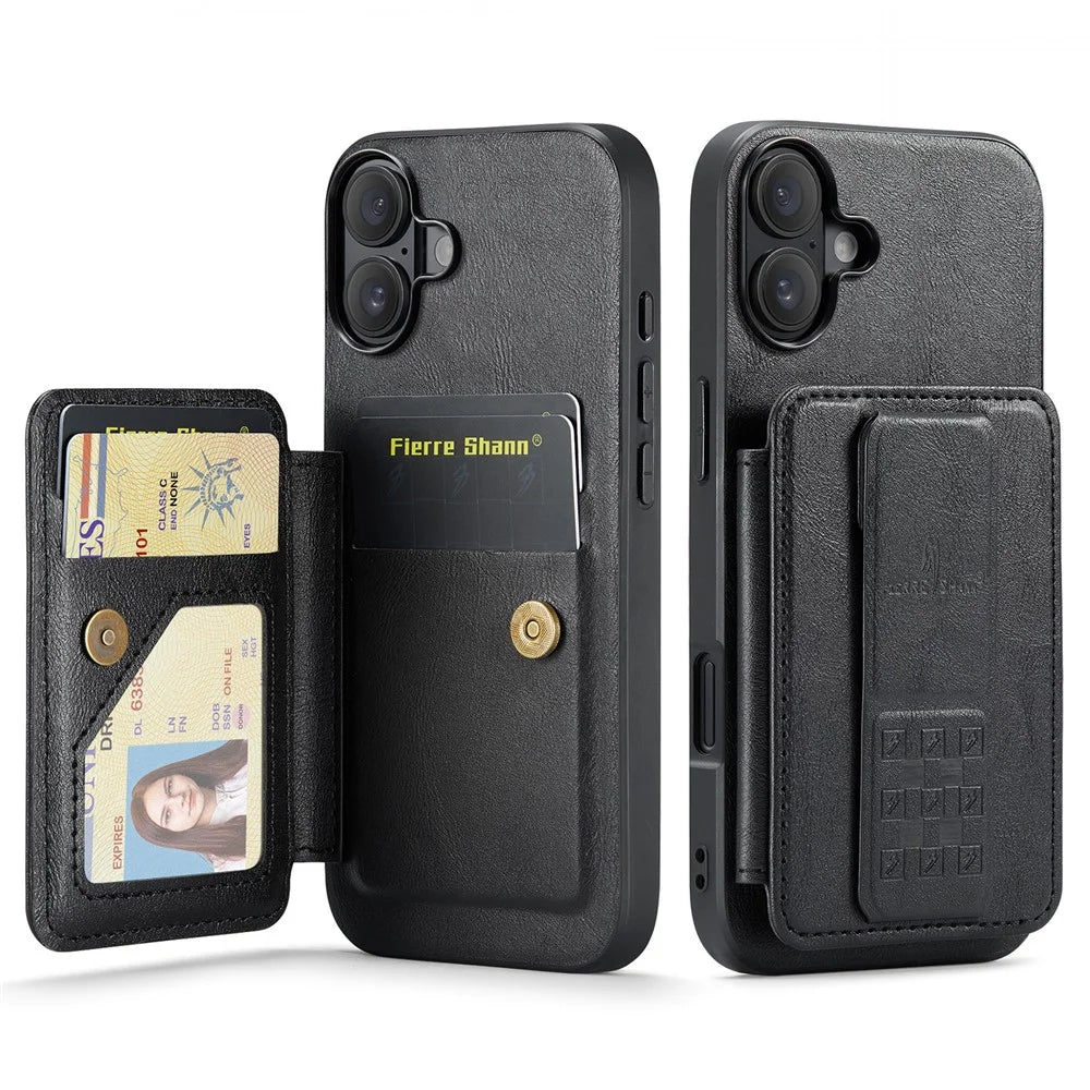 FIERRE SHANN 024 For iPhone 16 Case Card Holder Kickstand Waxy Texture Leather+TPU Phone Cover - Black - 1