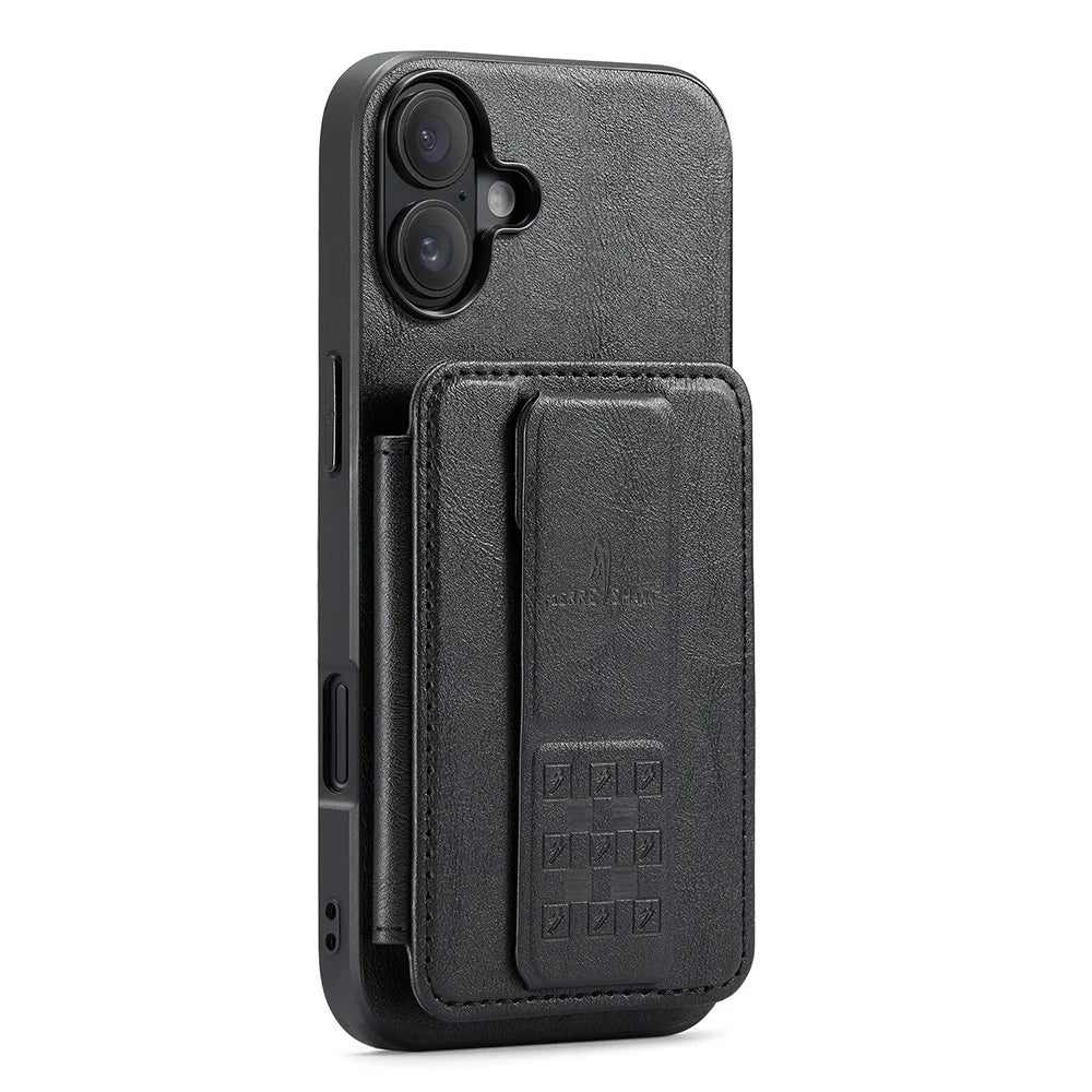 FIERRE SHANN 024 For iPhone 16 Case Card Holder Kickstand Waxy Texture Leather+TPU Phone Cover - Black - 2