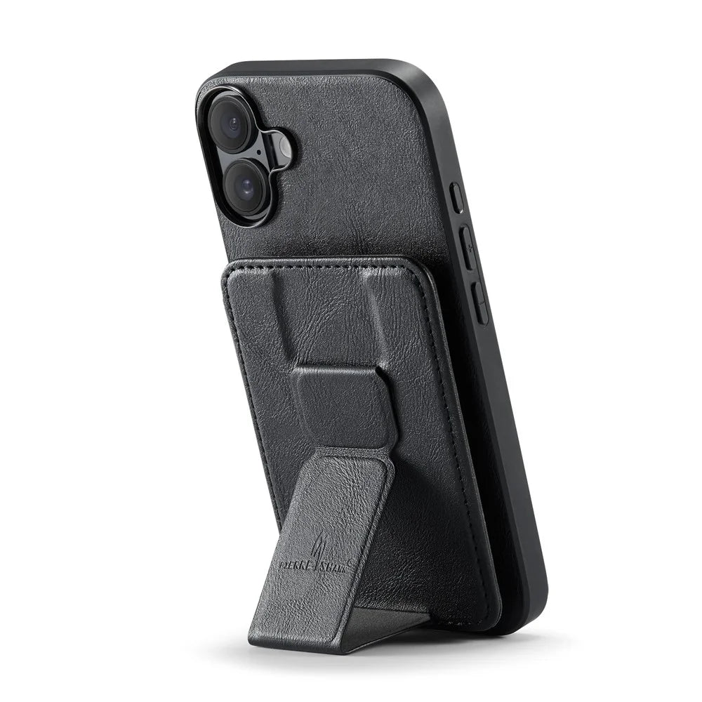 FIERRE SHANN 024 For iPhone 16 Case Card Holder Kickstand Waxy Texture Leather+TPU Phone Cover - Black - 3