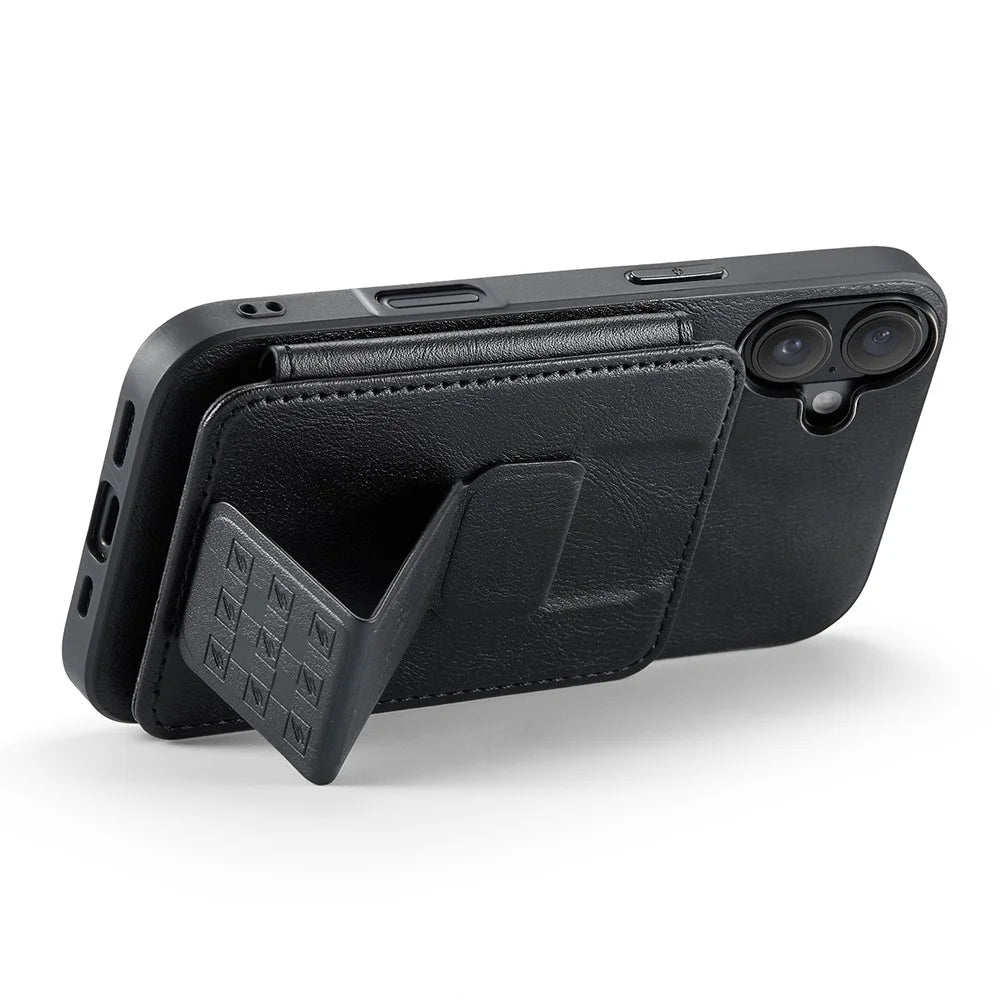 FIERRE SHANN 024 For iPhone 16 Case Card Holder Kickstand Waxy Texture Leather+TPU Phone Cover - Black - 4