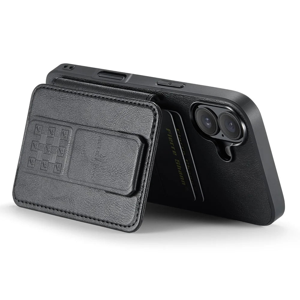 FIERRE SHANN 024 For iPhone 16 Case Card Holder Kickstand Waxy Texture Leather+TPU Phone Cover - Black - 5