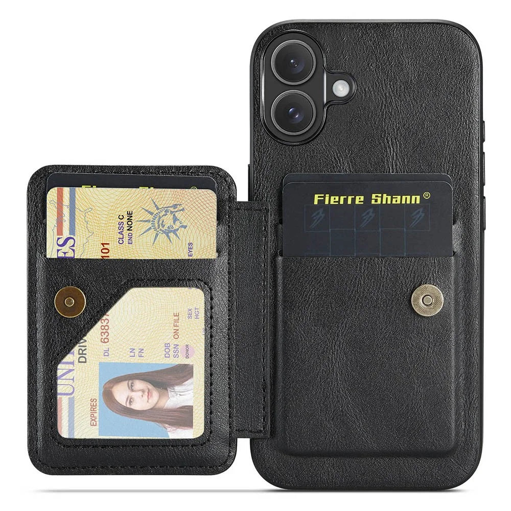 FIERRE SHANN 024 For iPhone 16 Case Card Holder Kickstand Waxy Texture Leather+TPU Phone Cover - Black - 6