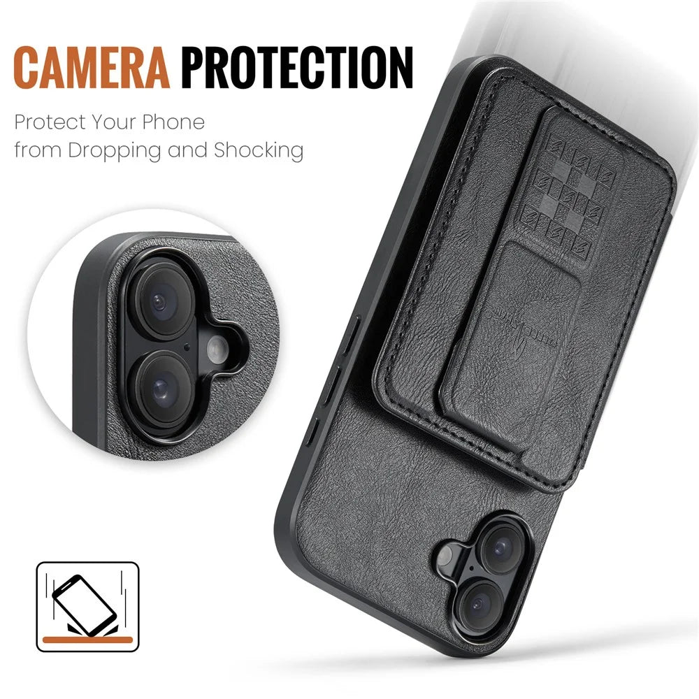 FIERRE SHANN 024 For iPhone 16 Case Card Holder Kickstand Waxy Texture Leather+TPU Phone Cover - Black - 7