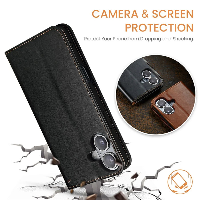 FIERRE SHANN For iPhone 16 Plus Case PU Leather Flip Stand Wallet Phone Cover - Black - 5