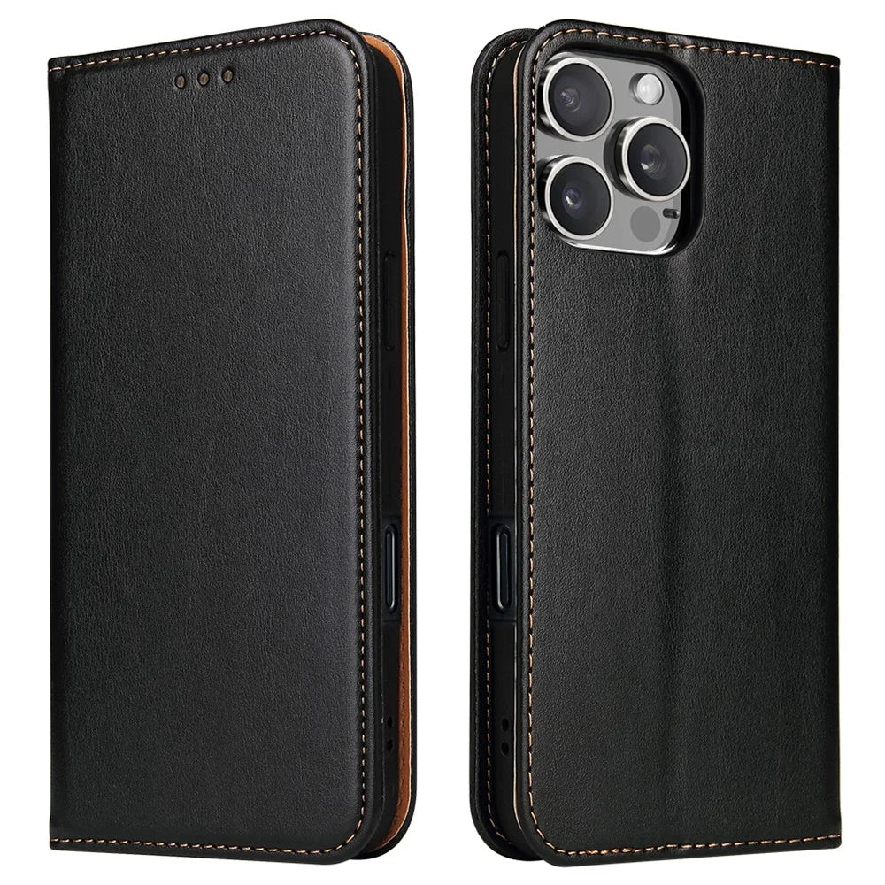 FIERRE SHANN For iPhone 16 Pro Max Case PU Leather Flip Stand Wallet Phone Cover - Black - 1