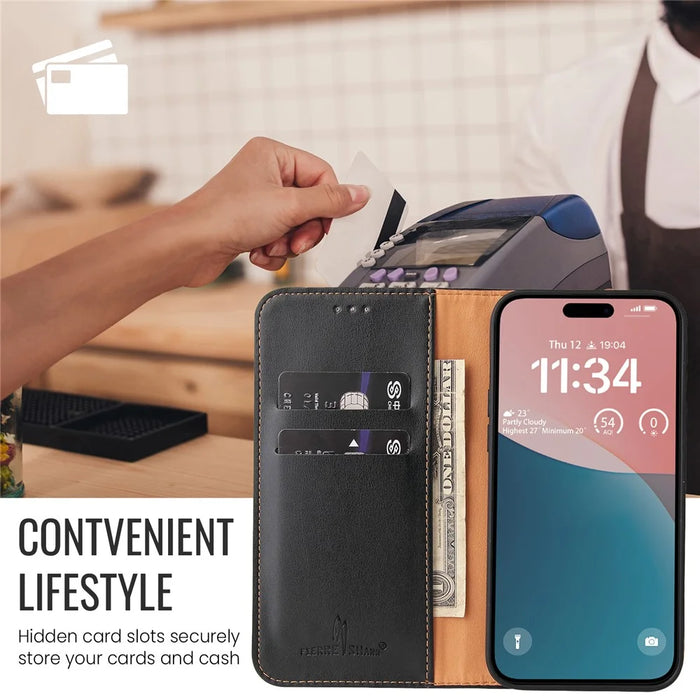 FIERRE SHANN For iPhone 16 Pro Max Case PU Leather Flip Stand Wallet Phone Cover - Black - 3