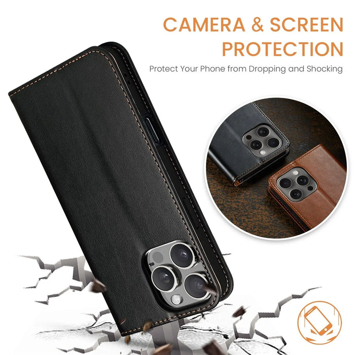 FIERRE SHANN For iPhone 16 Pro Max Case PU Leather Flip Stand Wallet Phone Cover - Black - 5