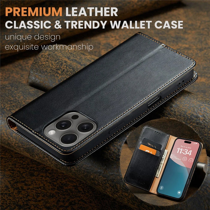 FIERRE SHANN For iPhone 16 Pro Max Case PU Leather Flip Stand Wallet Phone Cover - Black - 6
