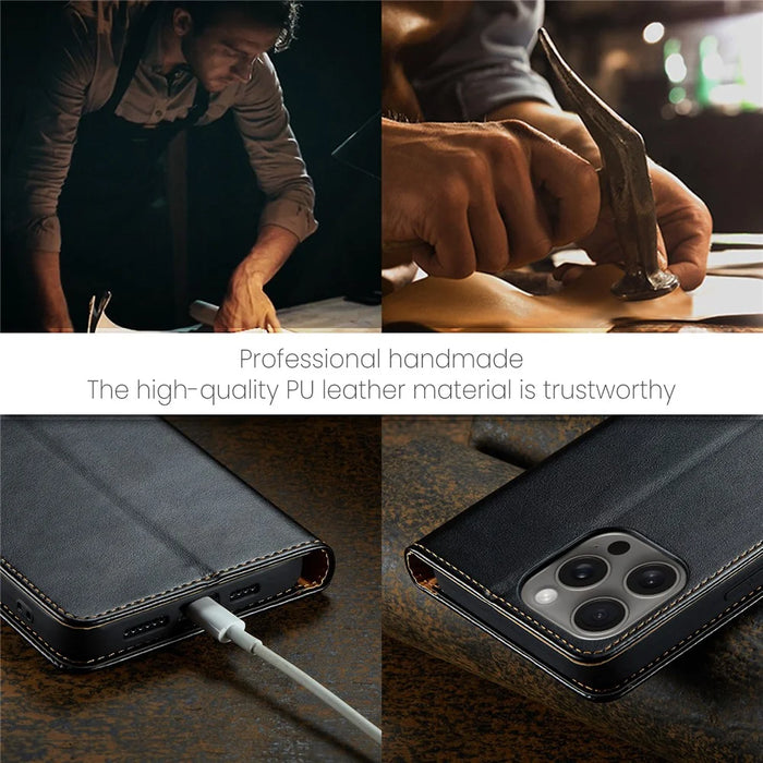 FIERRE SHANN For iPhone 16 Pro Max Case PU Leather Flip Stand Wallet Phone Cover - Black - 7