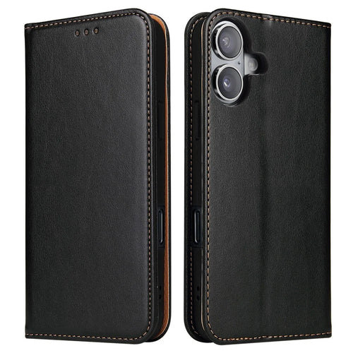 FIERRE SHANN For iPhone 16 Case PU Leather Flip Stand Wallet Phone Cover - Black - 1