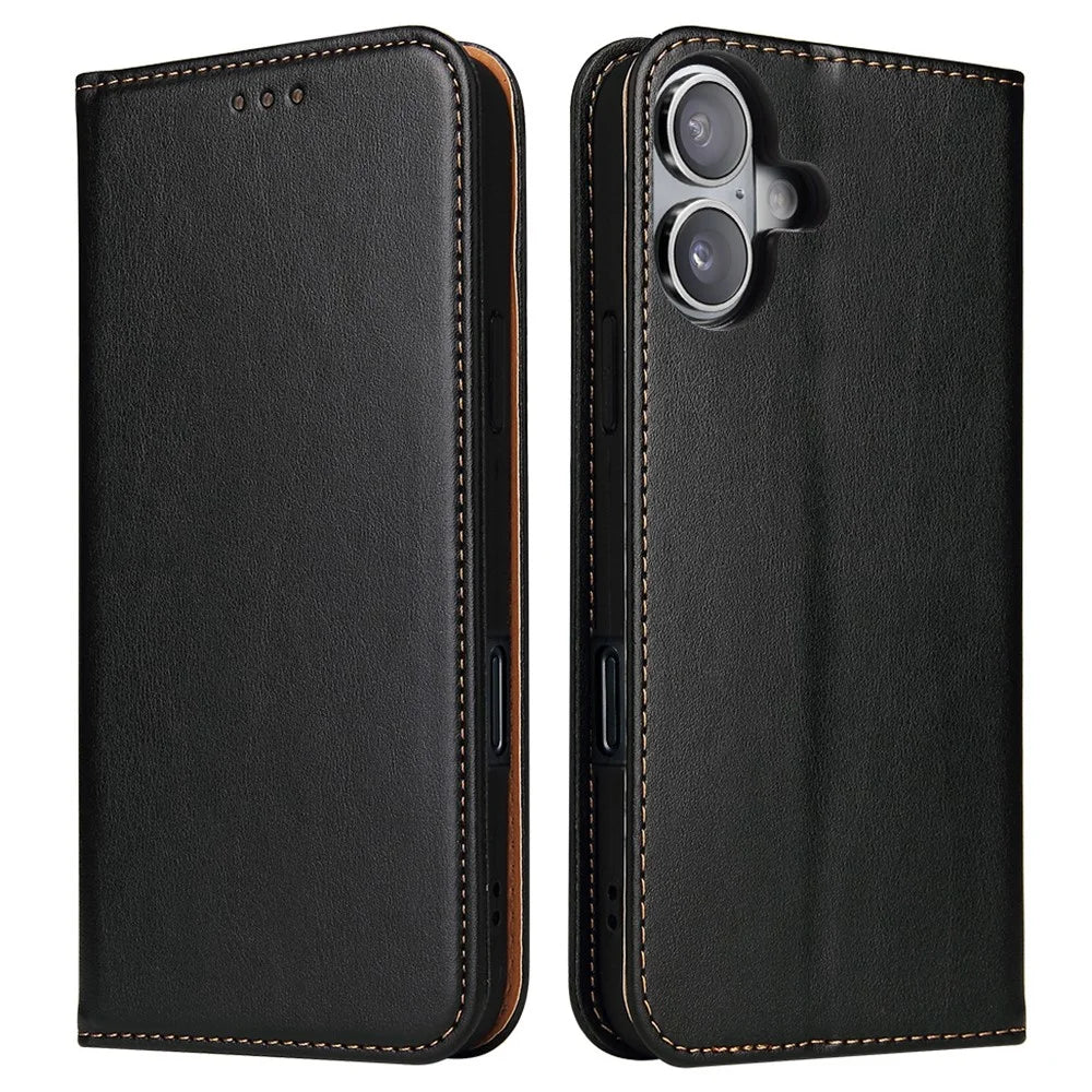 FIERRE SHANN For iPhone 16 Case PU Leather Flip Stand Wallet Phone Cover - Black - 1
