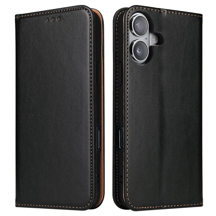 FIERRE SHANN For iPhone 16 Case PU Leather Flip Stand Wallet Phone Cover - Black - 1