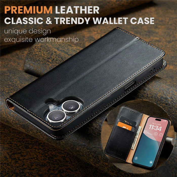 FIERRE SHANN For iPhone 16 Case PU Leather Flip Stand Wallet Phone Cover - Black - 6