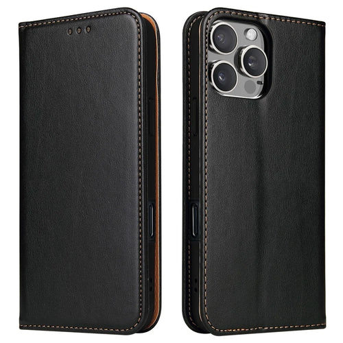FIERRE SHANN For iPhone 16 Pro Case PU Leather Flip Stand Wallet Phone Cover - Black - 1