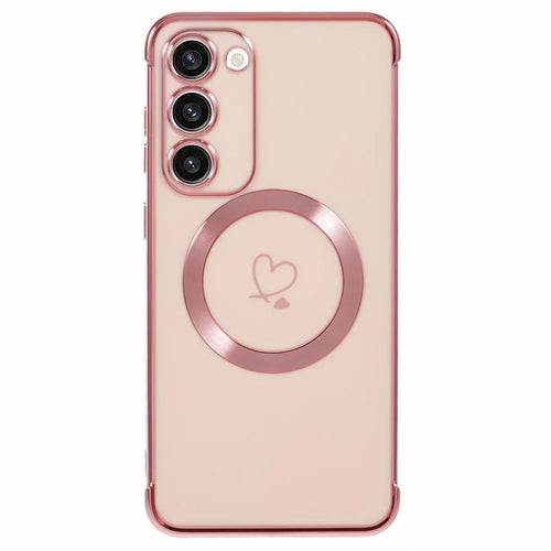 For Samsung Galaxy S23+ Magnetic Case Electroplated TPU Phone Cover Hollow Love Hearts - Rose Pink - 1