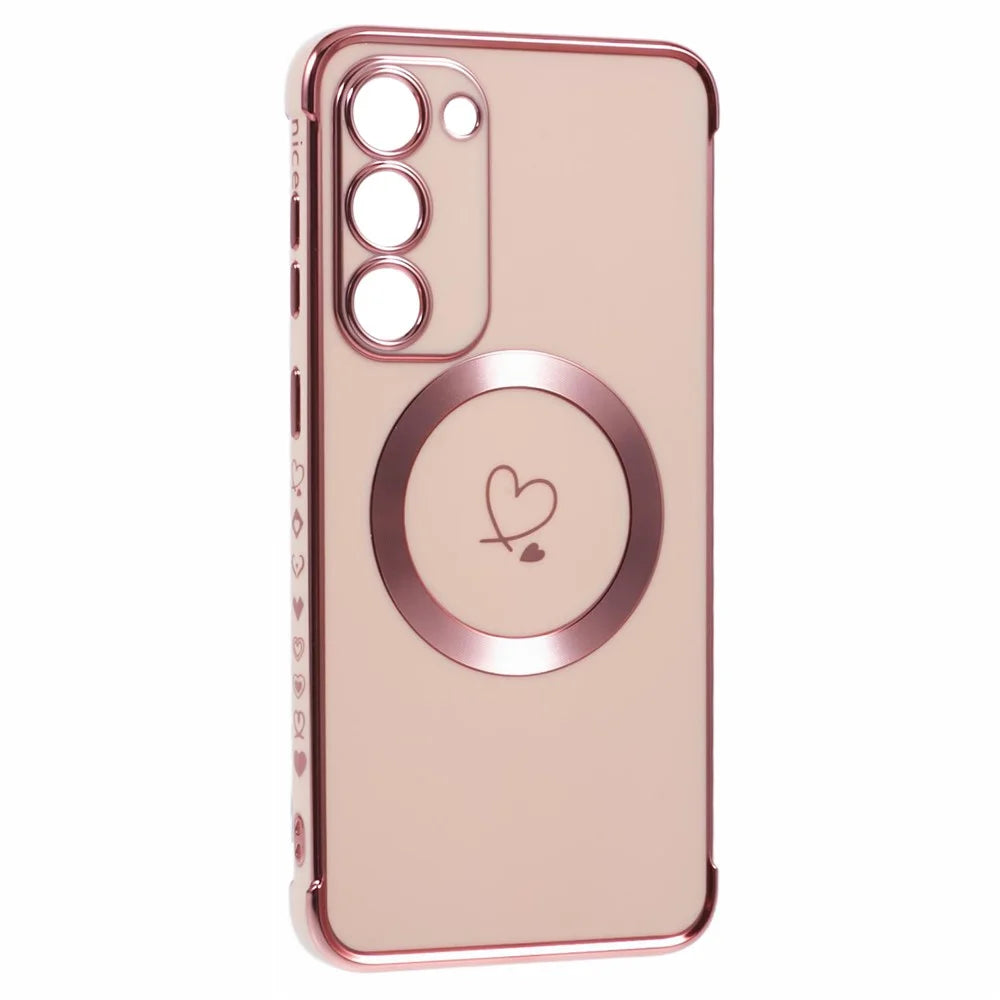 For Samsung Galaxy S23+ Magnetic Case Electroplated TPU Phone Cover Hollow Love Hearts - Rose Pink - 3