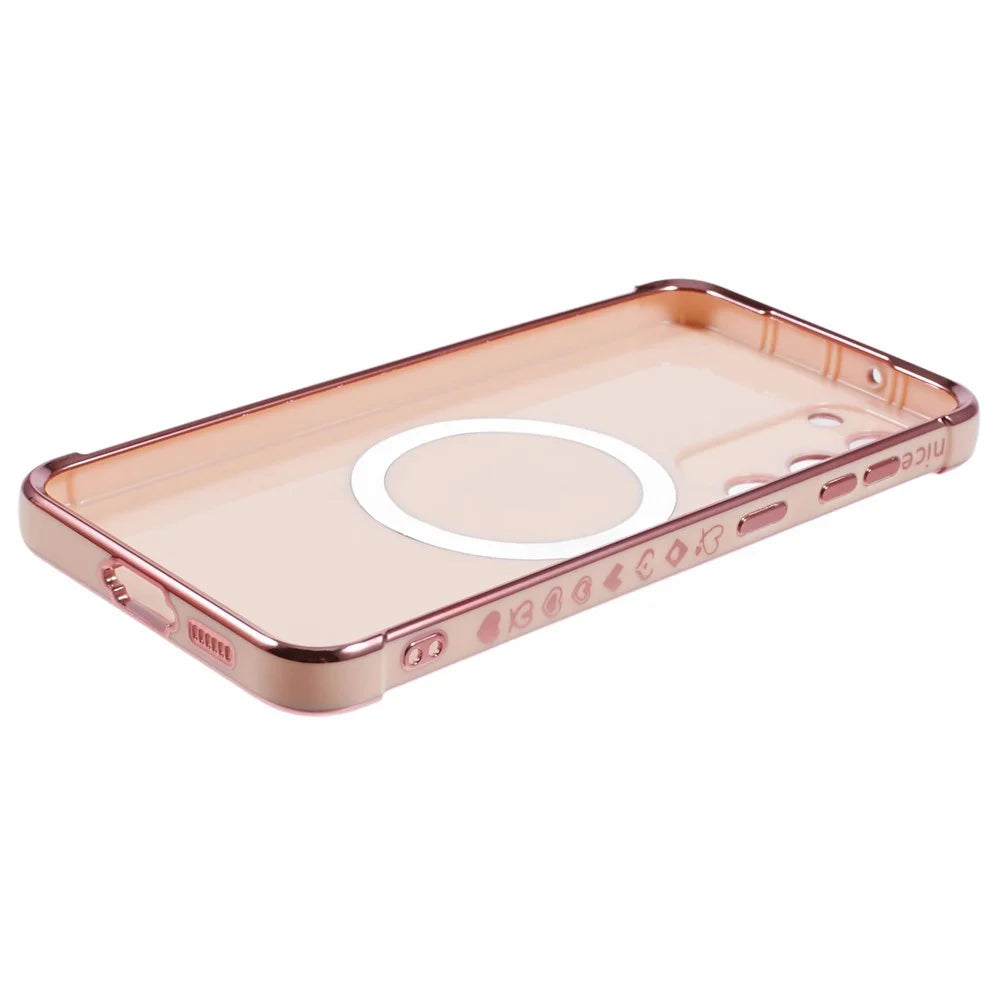 For Samsung Galaxy S23+ Magnetic Case Electroplated TPU Phone Cover Hollow Love Hearts - Rose Pink - 5