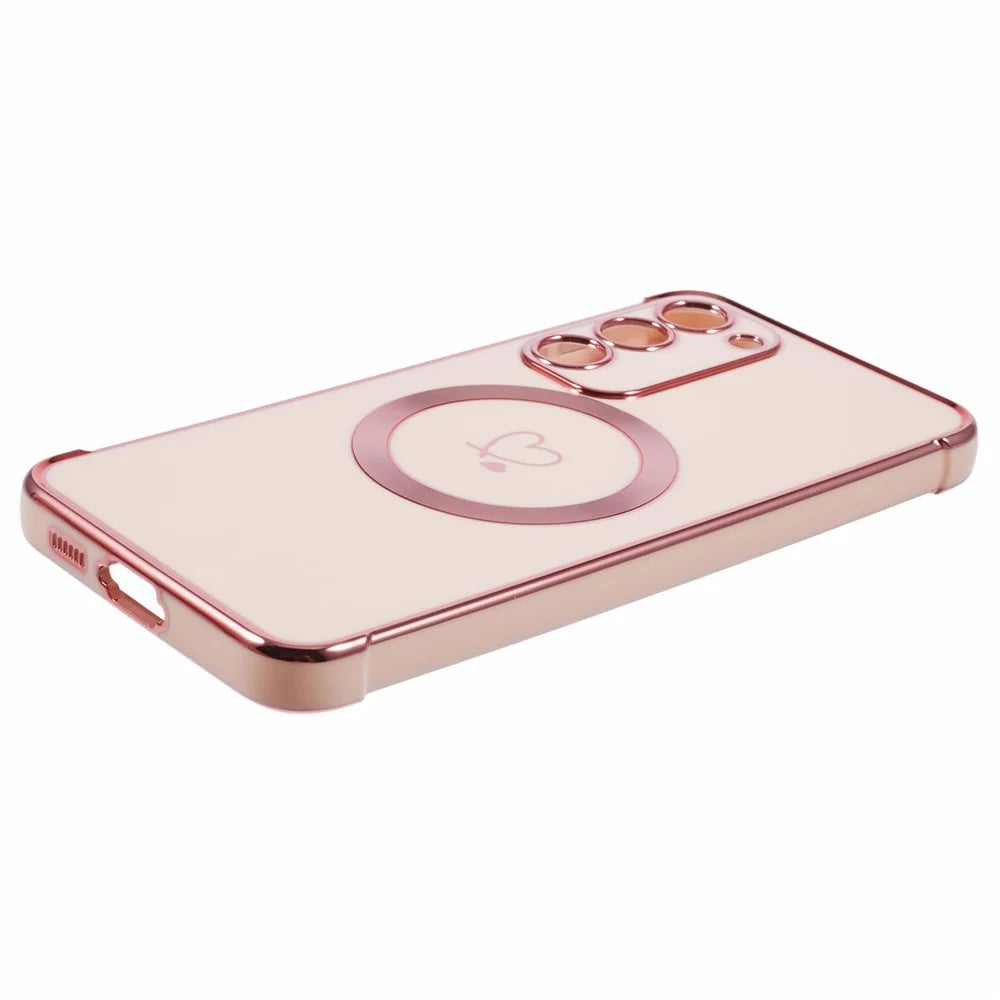 For Samsung Galaxy S23+ Magnetic Case Electroplated TPU Phone Cover Hollow Love Hearts - Rose Pink - 6