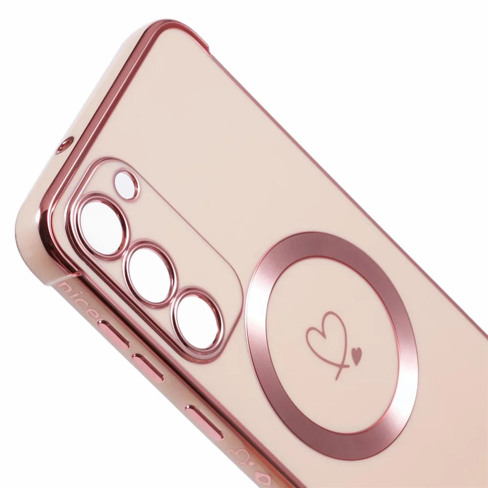 For Samsung Galaxy S23+ Magnetic Case Electroplated TPU Phone Cover Hollow Love Hearts - Rose Pink - 7