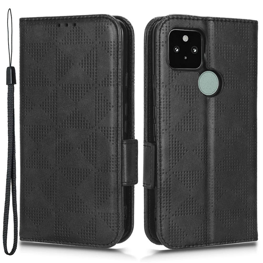 For Google Pixel 5 Imprinted Triangle Pattern Flip Phone Case Stand Wallet Drop Protection PU Leather Cover with Strap - Black - 1
