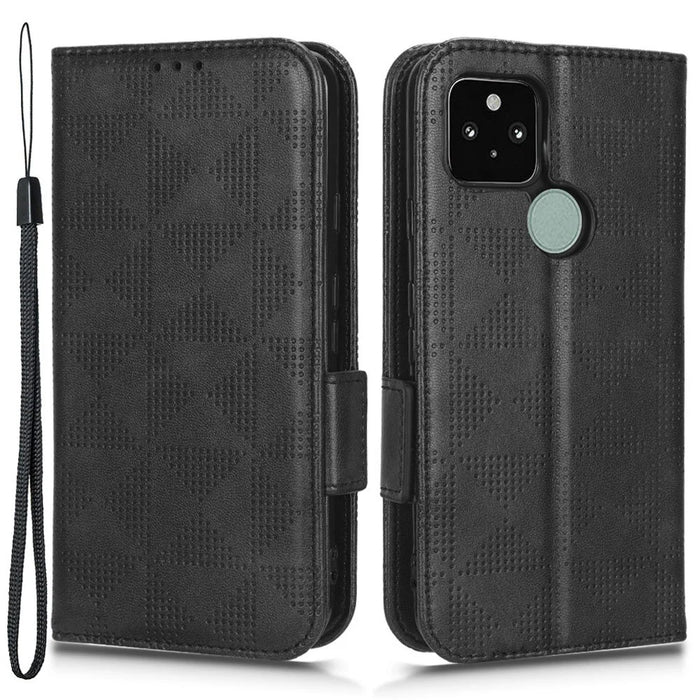 For Google Pixel 5 Imprinted Triangle Pattern Flip Phone Case Stand Wallet Drop Protection PU Leather Cover with Strap - Black - 1