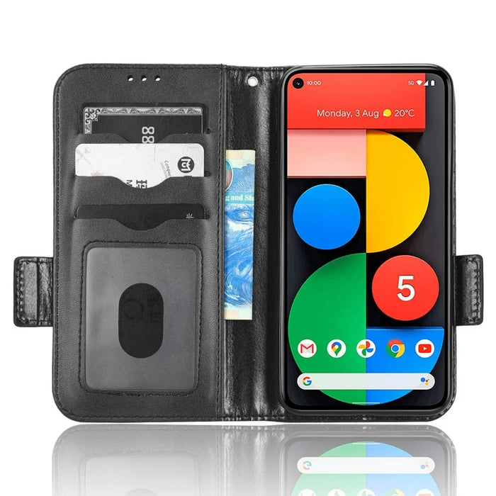For Google Pixel 5 Imprinted Triangle Pattern Flip Phone Case Stand Wallet Drop Protection PU Leather Cover with Strap - Black - 2