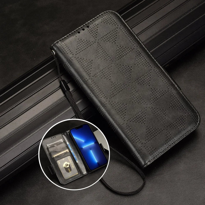 For Google Pixel 5 Imprinted Triangle Pattern Flip Phone Case Stand Wallet Drop Protection PU Leather Cover with Strap - Black - 4