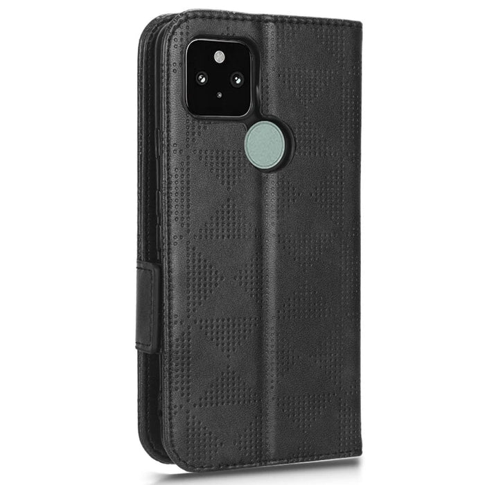 For Google Pixel 5 Imprinted Triangle Pattern Flip Phone Case Stand Wallet Drop Protection PU Leather Cover with Strap - Black - 6