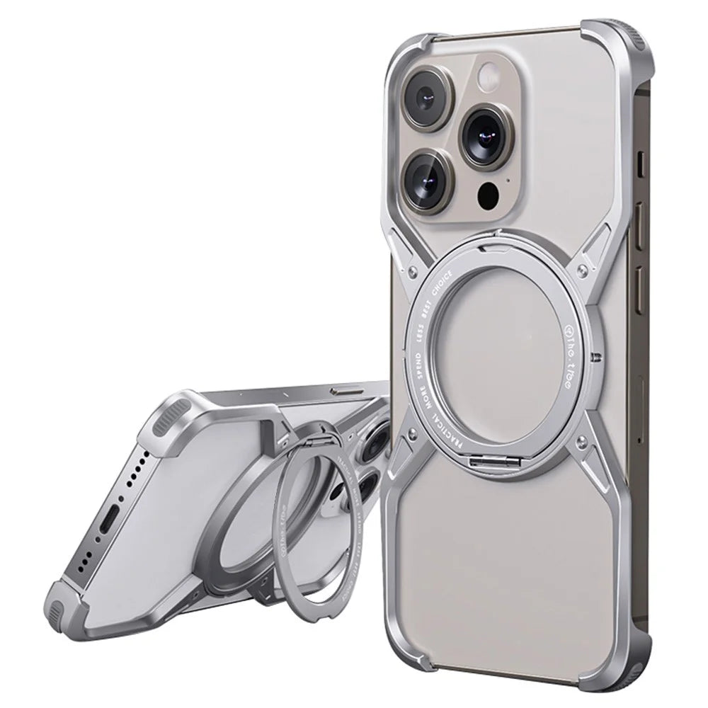For iPhone 16 Pro Max Case Kickstand Frameless Aluminum Alloy Bumper Phone Cover - Silver - 1