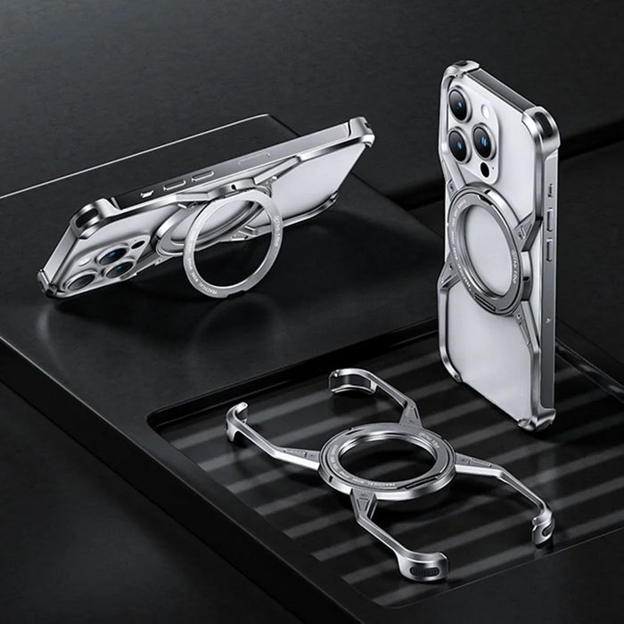 For iPhone 16 Pro Max Case Kickstand Frameless Aluminum Alloy Bumper Phone Cover - Silver - 2