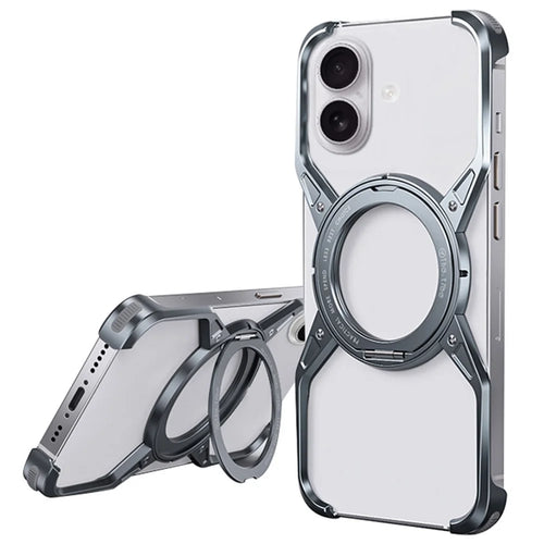 For iPhone 16 Case Kickstand Frameless Aluminum Alloy Bumper Phone Cover - Grey - 1